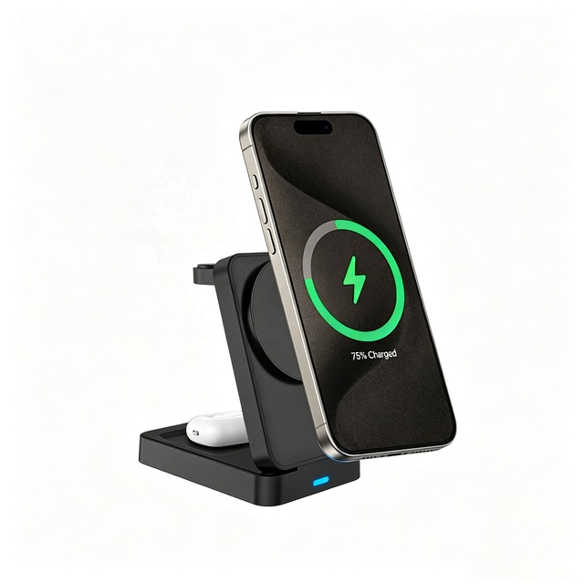 Portable Wireless Charging Station for iPhone iWatch AirPods Folding 3 in 1 Wireless Charger Holder for Earbuds Watch Cell Phone