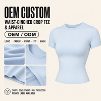 T-shirt court côtelé bleu poudré à col ras du cou, coupe ajustée, manches courtes, respirant, taille cintrée, style streetwear personnalisé OEM pour femme