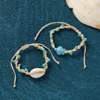 Bracelet Bohème en Corde Cirée Tressée avec Pierres Naturelles, Coquillages, Fleurs, Étoiles de Mer et Perles – Bijou de Vacances Thème Océan, Plage, Tortue, Surf – Idéal Cadeau