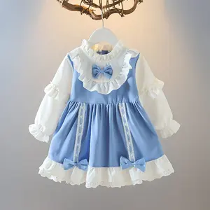 Bebek elbiseler mavi yay elbise bahar ve sonbahar yeni küçük kız dantel prenses tatlı Lolita tarzı kız elbise çocuklar için giyer kızlar