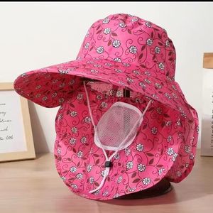 Chapeau de soleil d'été à large bord pour femme, rose à motifs floraux, avec protection de nuque, en maille respirante, pliable, pour la cueillette du thé - Product Image 5