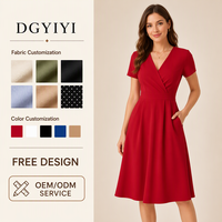 Robe Midi en Coton Doux Col V Manches Courtes Coupe Évasée Fluide pour Femme Rouge Minimaliste Décontractée Personnalisable avec Logo OEM – Vente en Gros