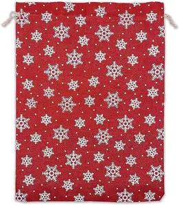 零售派对喜欢黄麻粗麻布帆布礼品袋，带拉绳红色雪花图案，适合圣诞节