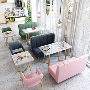 Colorful Upholstered Booth Seating and Marble Top <b>Table</b> Set for Cafe Tea Shop Modern Dining Area - Product Image 3