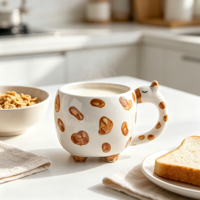 Mug en céramique 3D peint à la main, motif vache tachetée, tasse à café mignonne en forme d'animal avec poignée tête de vache, nouveauté pour la maison, cadeau original
