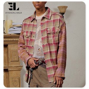LARSUR <span class=keywords><strong>camicie</strong></span> di flanella in lana/poliestere Plaid con bordi grezzi Patchwork giacca di flanella con bottone da uomo - Product Image 3
