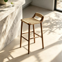 Tabourets de bar modernes minimalistes en bois massif avec assise en corde tressée et repose-pieds en rotin, faits à la main, sans accoudoirs, pour usage commercial, îlot de cuisine