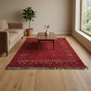 Tapis Kilim noué à la main de la collection Ocean Art, motif médaillon rouge, en laine/coton, épais, à poils longs, rectangulaire, à rayures, lavable - Product Image 1