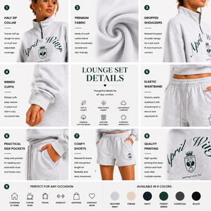 Ensemble 2 pièces pour femme : Sweat-shirt court à demi-zip et col montant avec imprimé lettres et écusson, et short à cordon de serrage avec poches, en polaire douce, BSCI OEM - Product Image 3