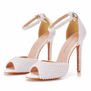 SHIKOL White Pearl Heels 11cm Sandalias de tacón alto Tamaño grande 12 Zapato de boda para zapatos de novia Moda Elegante Sandalias de tacón para mujer - Product Image 5