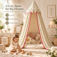Dôme de lit bébé floral vert 100 % coton respirant, tente de berceau pliable toutes saisons avec pompons rouges et bordure à volants