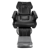 Fauteuil de Barbier Hydraulique Inclinable en PU Noir avec Accoudoirs en Bois et Base Chromée pour Salon de Coiffure et Institut de Beauté