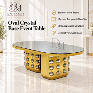 Mesa de Banquete Ovalada de Lujo con Espejo de Acero Inoxidable Dorado y Base Decorativa con Pedestal Tachonado para Eventos y Bodas - Product Image 1