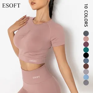 Esoft เสื้อครอปเอวลอยสำหรับผู้หญิง, เสื้อครอปแขนสั้นเสื้อออกกำลังกายฟิตเนส