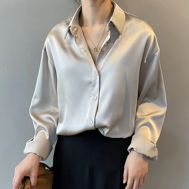 Camisa solta de cetim feminina, blusa branca para outono, de seda, vintage, com botão, manga comprida, para mulheres