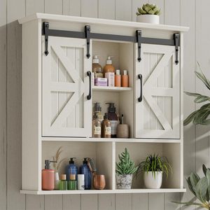 Armoire murale <span class=keywords><strong>de</strong></span> <span class=keywords><strong>salle</strong></span> <span class=keywords><strong>de</strong></span> <span class=keywords><strong>bain</strong></span> style ferme, armoire à pharmacie avec double porte coulissante, étagères réglables, en MDF, <span class=keywords><strong>rangement</strong></span> mural vintage - Product Image 1