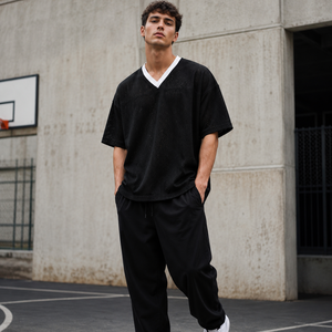 Wholesale Custom Logo Mesh Knit Jersey <b>Sweater</b> Contrast V Neck Sports Pullover Loose Football Style Knitwear - Product Image 2