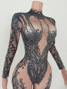 Sexy Print Stretch Pole Dance body strass Bodycon pagliaccetto spogliarellista Spandex body donna Club Party tute intere - Product Image 5