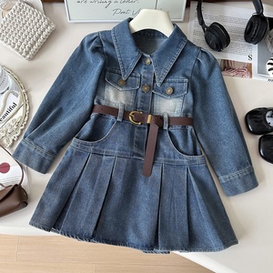 Nuovo Vestito in Denim alla Moda 2026 per Bambine, Manica Lunga, Stile Coreano, Colletto Rovesciato, Vita Stretta, Tinta Unita, Primavera Autunno - Product Image 6