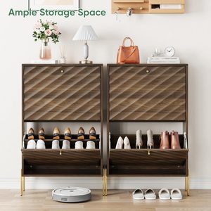 Meuble à chaussures en noyer avec portes texturées diagonales, 2 tiroirs rabattables, organiseur fin, étagère à chaussures étroite autoportante pour entrée - Product Image 2