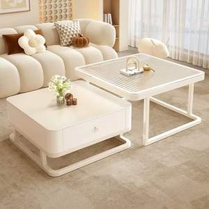 Mesa <span class=keywords><strong>de</strong></span> Centro <span class=keywords><strong>de</strong></span> Estilo Crema con Superficie <span class=keywords><strong>de</strong></span> Piedra Blanca y Almacenamiento Retráctil Móvil <span class=keywords><strong>para</strong></span> Sala <span class=keywords><strong>de</strong></span> Estar <span class=keywords><strong>de</strong></span> Apartamentos Pequeños, Diseño Moderno - Product Image 2