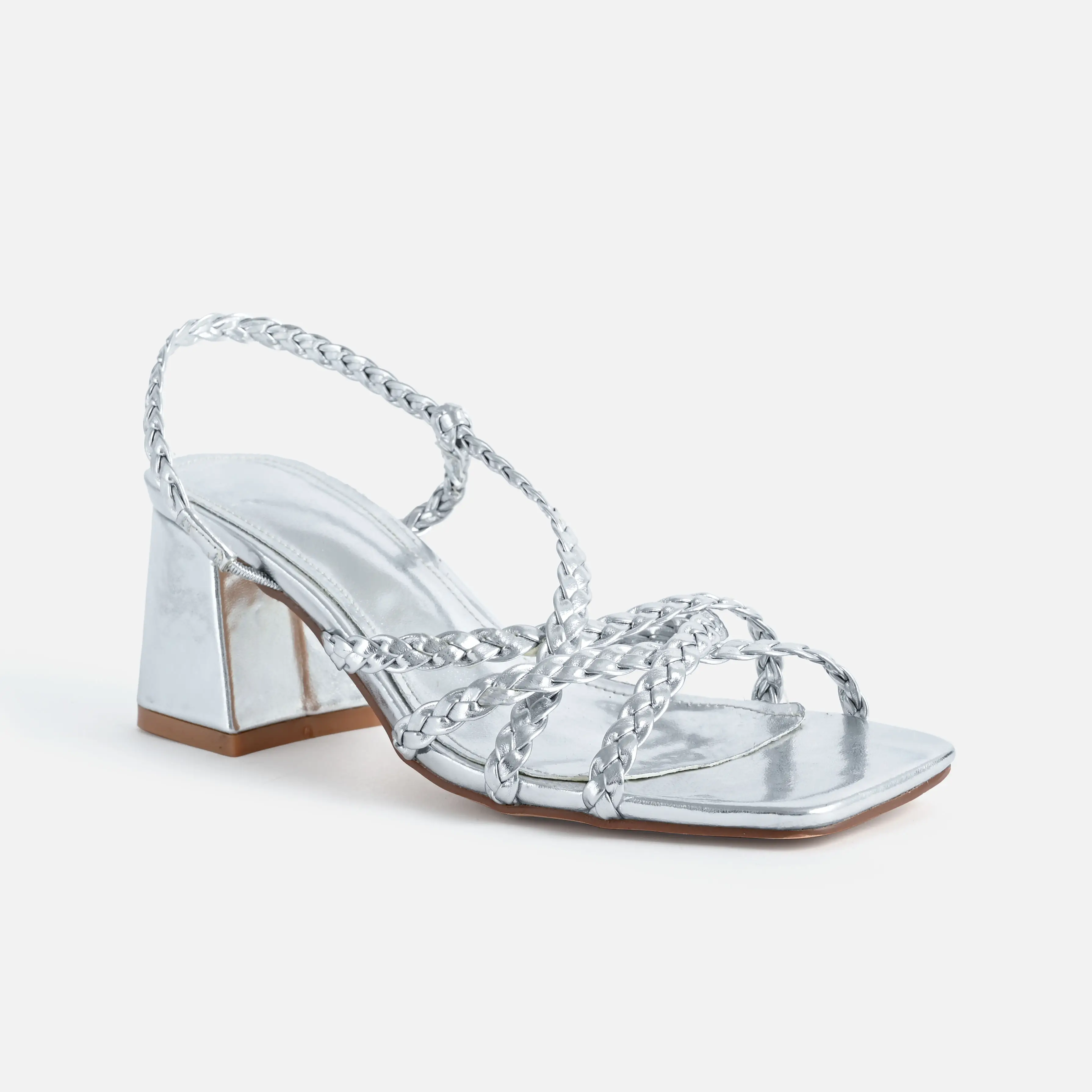 Nuovi sandali in argento a strisce intrecciate da donna sexy eleganti a punta quadrata spessa e spessa