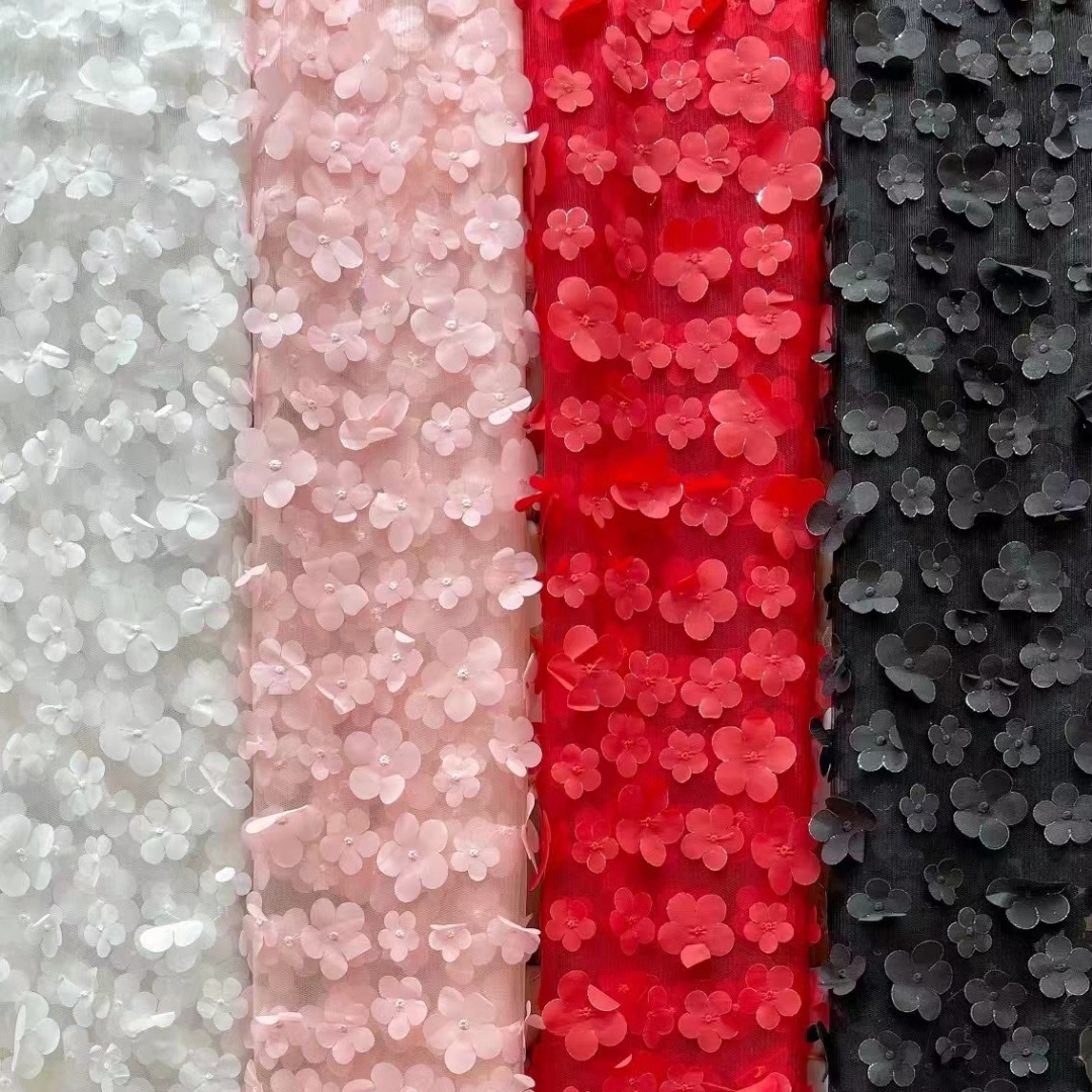 2024 New Design Hot Sale Laser 3D Flower Embroidery Dot Tulle Fabric 100% Polyester Mesh for Women Wedding Dresses Dancewear