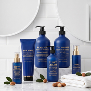 Ensemble de soins capillaires sans sulfate et sans silicone de marque privée, <span class=keywords><strong>shampoing</strong></span> à l'huile d'argan, revitalisant, masque capillaire, spray résistant à la chaleur pour perruque - Product Image 1