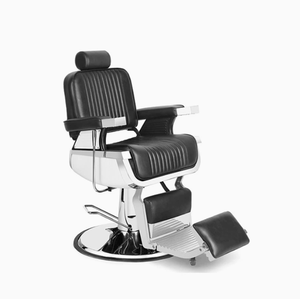 Sillón de Barbería de Estilo Antiguo en Cuero Negro y Dorado con Botones, Base Redonda con Bomba Hidráulica, Silla de Peluquería en Venta - Product Image 6