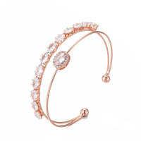 Bracelet manchette design plaqué or 14 carats, double rangée de zircone cubique pavée, manchette ouverte, Brazalete De Mujer, bracelet de luxe OEM