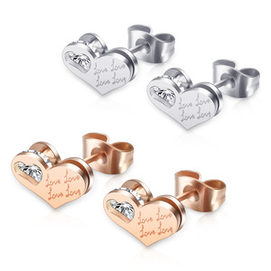 Heart <b>Stud</b> <b>Earrings</b> 10mm Rose Gold Steel Color Love Engraved Diamond Bezel Setting Everyday Wear - Product Image 1