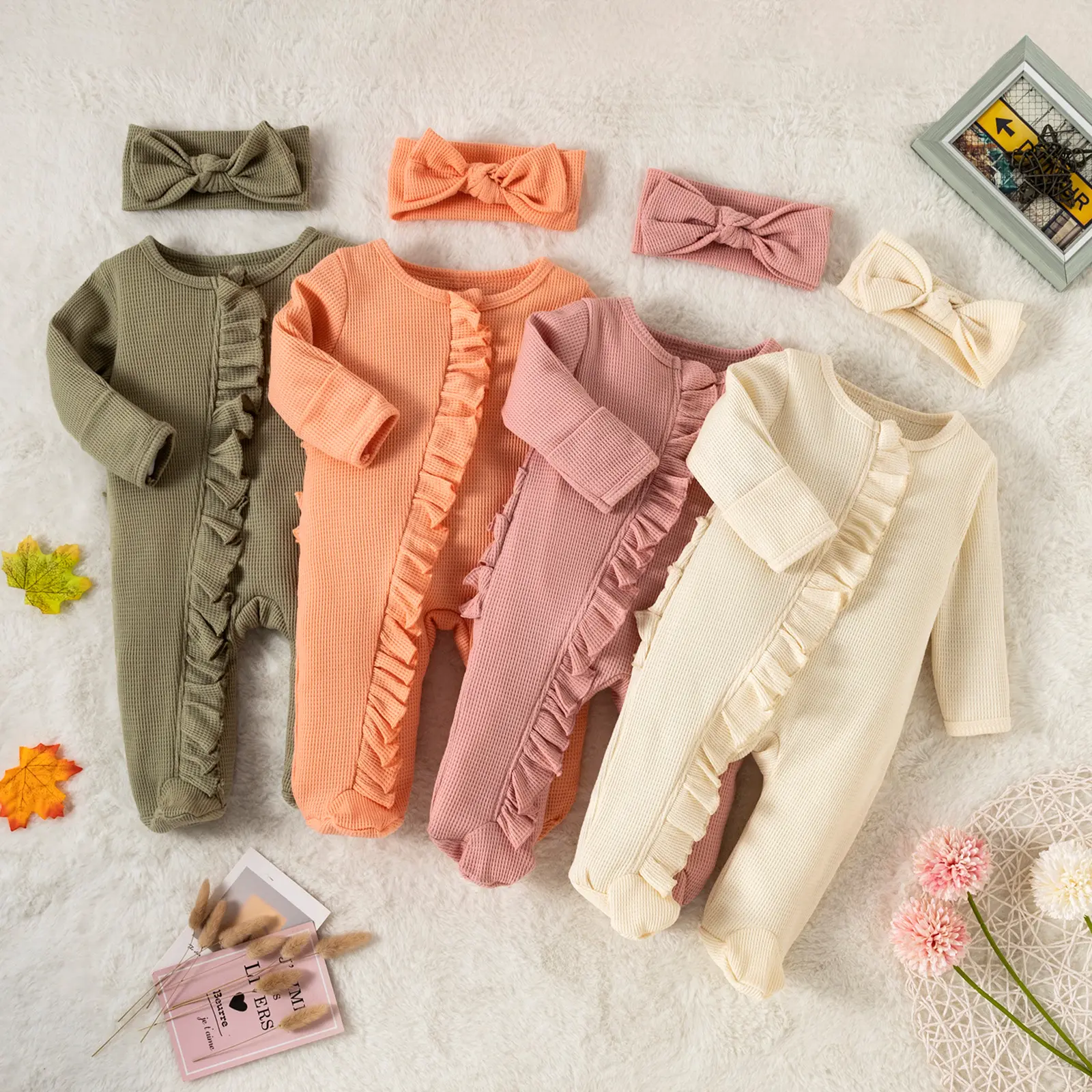 Newborn Waffle Cotton Sleepwear Solid Color Pajamas infant zipper romper Long Sleeve onsies Ruffle Baby Jumpsuit Footie