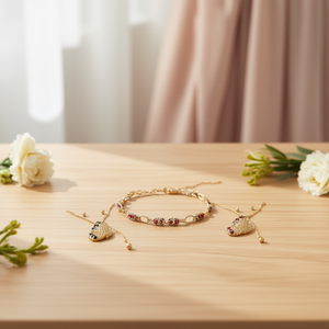 Chic Women's Gold-<b>Tone</b> Bracelet Set With <b>Red</b> Gemstone Accents Trendy Fashion Jewelry Accessory for Everyday Wear and Special Occ - Product Image 2