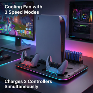 YJT-5OT2074 RGB Ambient Light Charging <strong>Stand</strong> for <strong>PS5</strong>/<strong>PS5</strong> Slim Professional Dual <strong>Controller</strong> Charger Cooling <strong>Stand</strong> with LED Effect - Product Image 5