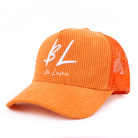 Casquette Trucker en Corduroy à 5 Panneaux, Profil Moyen, avec Logo Brodé 3D Personnalisé sur Dos en Maille, Taille Adulte, Fabrication OEM Orange