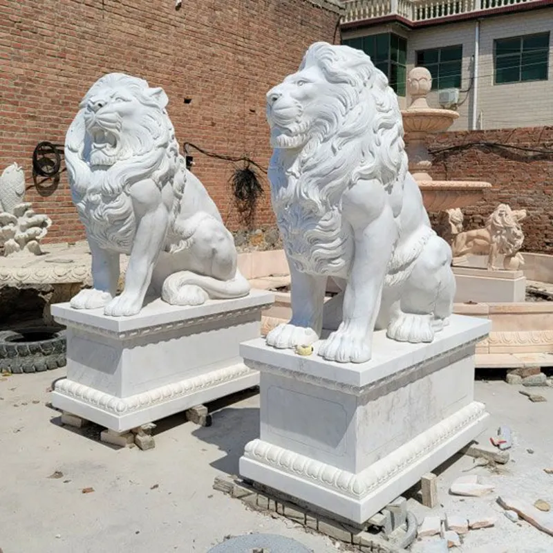 2024 molde de decoração para casa, escultura de animais em tamanho grande, jardim ao ar livre, pedra antiga, estátuas de leões em mármore branco, venda barata