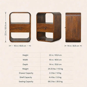 Mesita de noche curva de madera de mango, mesita de noche moderna y redondeada con almacenamiento, acabado en madera de mango natural, 2 compartimentos abiertos - Product Image 3