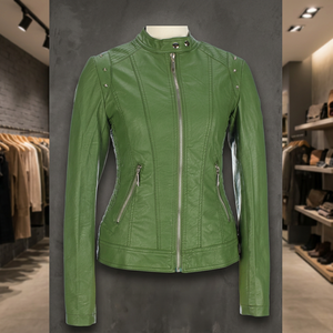 FESHO WEAR High Quality Green <b>Sheepskin</b> Quilted Leather Motorcycle Jacket <b>Women</b> Adults Breathable Canvas Waterproof Eco-Friendly - Product Image 4