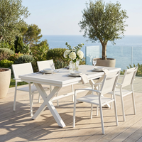 Ensemble de salle à manger extérieur moderne en aluminium extensible, 7 pièces, table de jardin extensible et 6 chaises en maille pour patio et terrasse