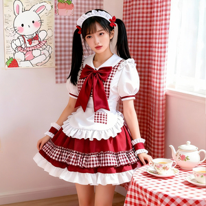 Erwachsene Damen Süßes Kariertes Lolita-Dienstmädchenkleid Anime Cosplay Kostüm-Set Polyester Rot Schwarz Halloween-Outfit Großhandel - Product Image 1