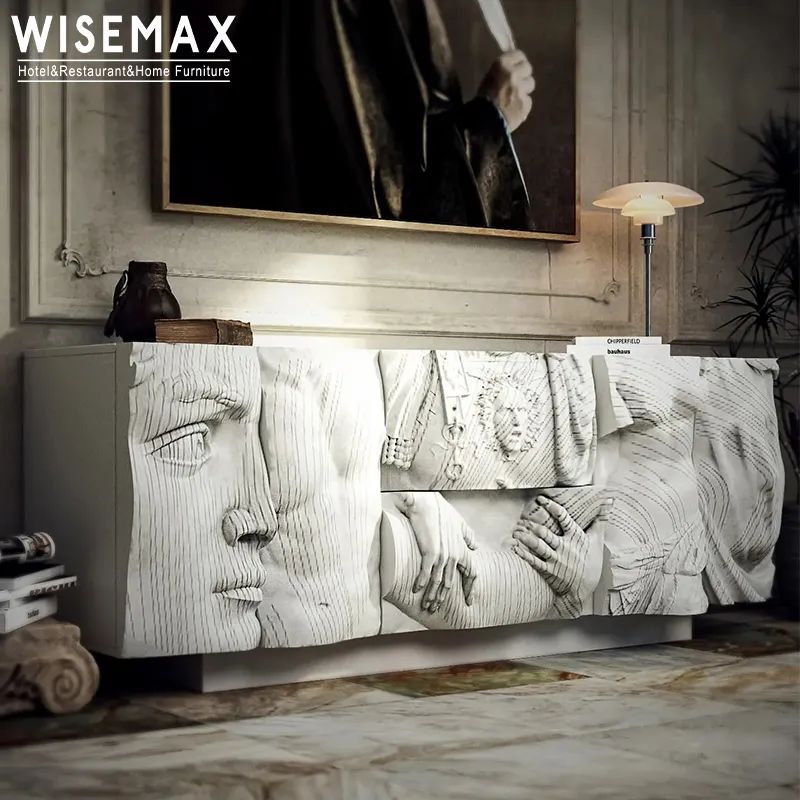 WISEMAX Mobilier d'art contemporain salon table console en bois blanc sculptural couloir meuble de rangement TV console support