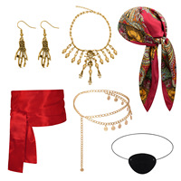 Ficino Set Pesta Bola Halloween Lintas Batas, Syal Kepala, Sabuk, Kalung, Penutup Mata, Aksesoris Kostum Bajak Laut Cosplay, Kain Merah