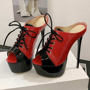 Sandales sexy pour femmes à talons hauts extrêmes et plateforme épaisse, style patchwork, bout ouvert, à lacets sur le devant, pour soirée et danse - Product Image 5