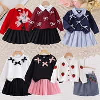 Ensemble de vêtements pour filles, ensemble à carreaux tendance pour filles, haut tricoté à col haut + jupe plissée, ensemble deux pièces, ensemble imprimé nœud