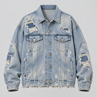 Veste en jean oversize pour homme, bleu clair, déchirée, effet usé, patchwork, éclaboussures de peinture, personnalisable, B2B, OEM, ODM, vente en gros, marque privée