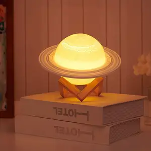 13cm LED Saturn Night Light Rechargeable USB 3D Planet Decorative Table Light Wood Base Bedroom Desk LED Lamp Birthday Gift