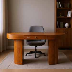 Oval Computer <b>Desk</b> Warm Natural Brown Burl <b>Wood</b> Single <b>Drawer</b> Contemporary Office Furniture Home Or Office Use - Product Image 2