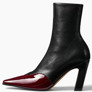 Botines Cortos de Tacón Grueso para Mujer, con Estampado de Leopardo, Punta Cuadrada, Cierre Lateral, Botas de Tobillo, Color Rojo Charol, Combinación de Colores - Product Image 6