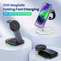 Station de charge sans fil magnétique pliable 3-en-1 15W QC3.0 à charge rapide Type-C pour montre connectée, téléphone et écouteurs – Idéale pour la table de chevet