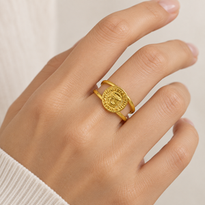 Vintage Gold Plated Cocktail <b>Ring</b> With Round Relief Medallion Double Rail Design Unisex Fashion Jewelry - Product Image 5